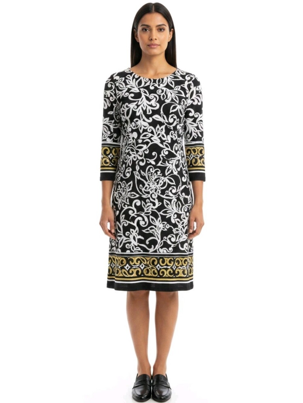Chaps Dress Size XL - Navy Blue White Yellow 3/4 Sleeve Midi Comfortable Classy